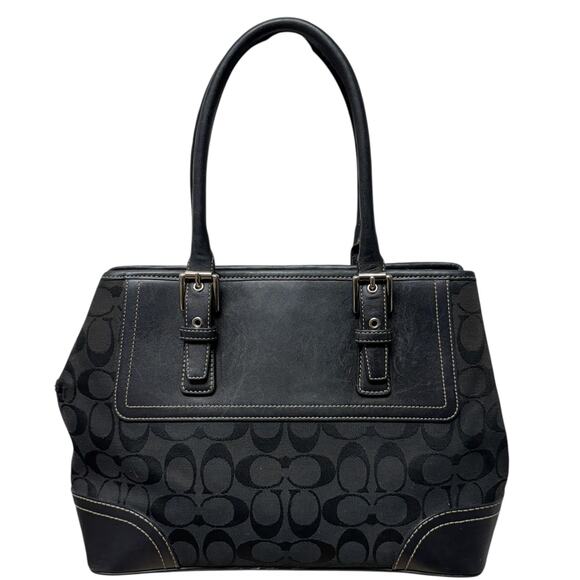 Coach Jacquard Hampton Tote Black Logo Y2K F11220 Fabric Leather Trim 2 Handles - Picture 9 of 13